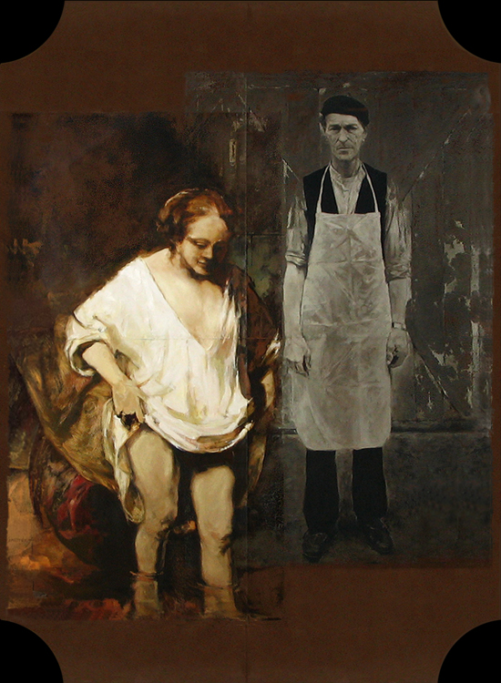 20.
The Big Balkan Akt
(Or My Father's hands). 2002/05
Oil and paper on wood panel. ~190x140 cm